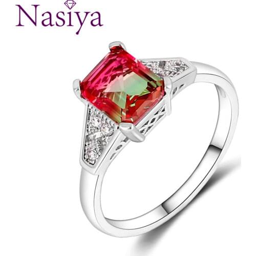 Jewelry Silver Coated Ring Fashion Rainbow Multicolor AAAAA Zircon 7 * 9MM Wedding Ring Bridal Lady Party Anniversary Gift