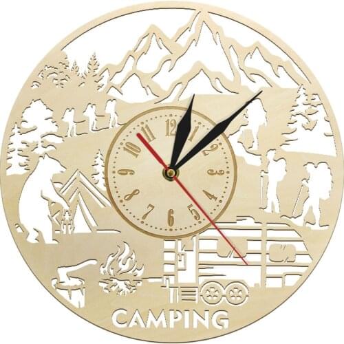 12'' Funny Hiking Camping Hanging Wall Clock Silent Retro Rustic Wooden Watch Clock Camp Trailer Home Decorations Traveler Gifts
