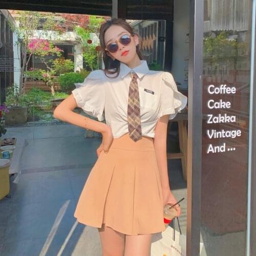 2021 Summer New Women Skirt Pleated Korea High Waist Mini Sexy Skirts Chiffon Stand Collar Lotus Sleeve Shirt Japanese Suit
