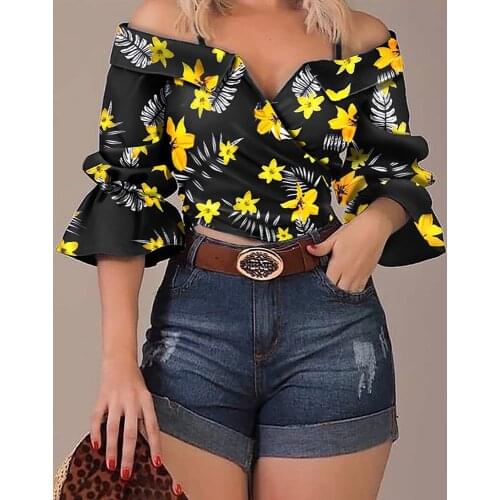Cold Shoulder Floral Print Top Blouses Women Half Sleeve Casual Crop Tops