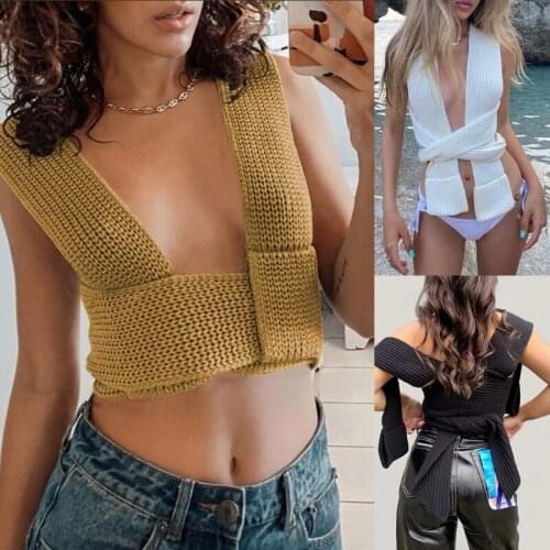 Women Knitted DIY Style Bandage Tank Top Sweater Solid Color Sexy Various Way to Wear Crop Top Sleeveless Irregular Lace-Up Vest