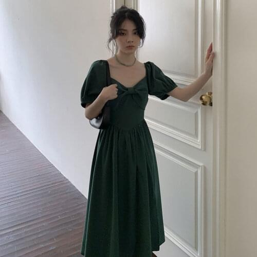 Plus Size Female Summer Fat French Palace Bowknot Square Neck Dress Retro Green Over the Knee Long Skirt