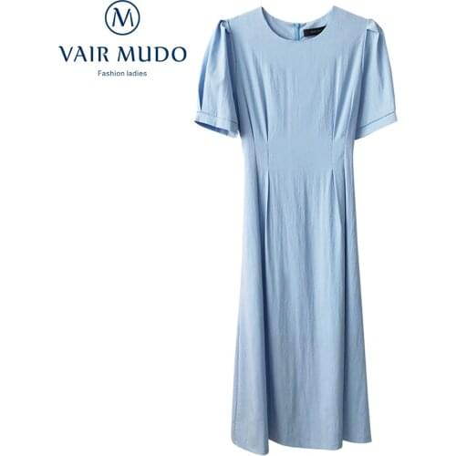 2021 Puff Sleeve Waist Dress FemaleSummer New French Little Black Dress Elegant Gentle Skirt Women Blue White Black Y-305