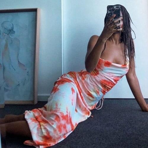Senxual Backless Strap Slip Dress Beach Sunset Tie Dye Print Long Sleeveless Dresses Orange Color Retro-Fashion Partywear Gown