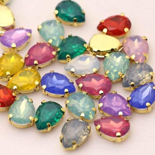 20pcs mix Opal color 10x14mm Teardrop Sew on Rhinestones Gold base crystal Strass for clothing dress sew on gems for jewelry
