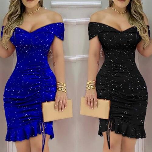 2021 Fashion Ladies Black Off Shoulder Slit Ruffles Hem Sexy Glitter Ruched Women Bodycon Mermaid Dress Spring Female Vestidos