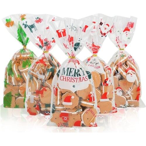 50Pcs Transparent Christmas Candy Bag Santa Claus Cookies Snack Storage Bag Cellophane Wedding Birthday Party Xmas Decor Navidad
