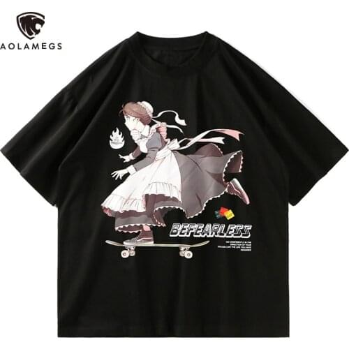 Aolamegs T-shirt Men Funny Anime Skateboard Classic Girl Print Tops Tee Couple Cozy Harajuku Fashion All-match Streetwear Summer