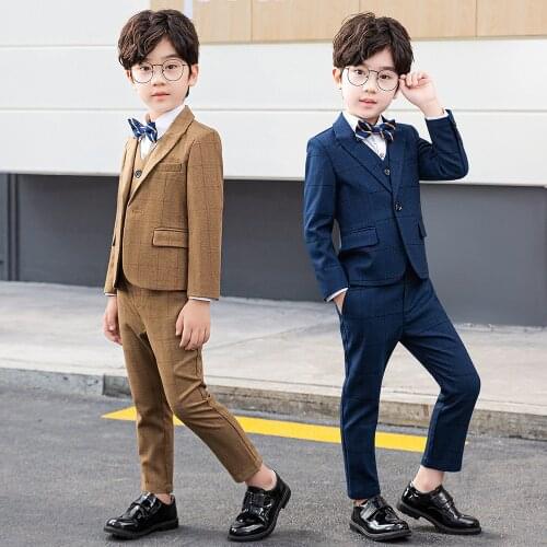 Childrens Clothes Suits Toddler Boys Fashion Plaid Performance Sets Blazer Pants Vest Shirt Tie 5 Pcs For Kids Boys Dress Suits