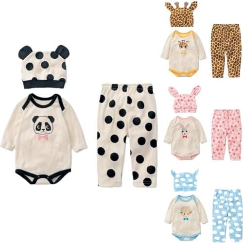 Baby Rompers Long Sleeve Cotton Girl Clothes Infant Cartoon Animal Romper+Hat+Pant 3pcs Newborn Babys Clothing Set