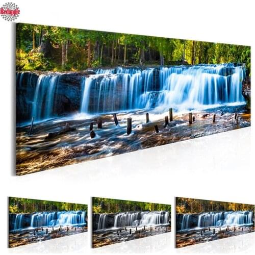 Green Trees and Waterfull picture Natural Forest Landscape embroidery Wall Art Canvas Diamond Painting for Living Room Stickers