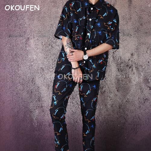 Mens Hairdresser Shirt Set Nightclub Bar Party Performance Stage Clothing Short Sleeve Print Shirt Set