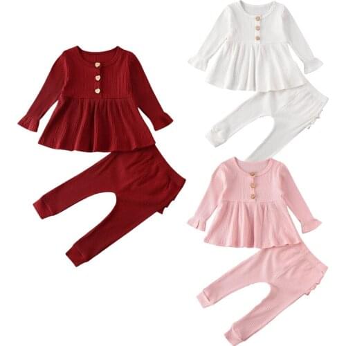 Infant Kids Baby Girl Boys Clothes Sets Solid Long Sleeve Knitted Tops Dress+Ruffle Leggings Pants Outfits