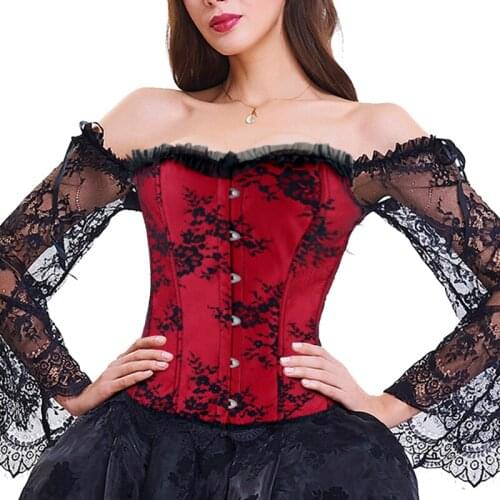 Red Sexy Womens Gothic Victorian Corset Lace Up Long Sleeves Floral Lace Off Shoulder Party Club Wedding Bustiers Corset Top