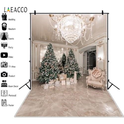 Laeacco Christmas Tree Gifts Sofa Chandelier Interior Decor Photography Backdrops Photo Backgrounds Family Portrait Photophone
