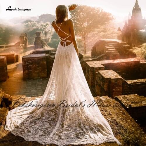 Lakshmigown Sample Boho Wedding Dress Open Back Criss Cross Floral Applique Vintage Lace Bohemian Bridal Wedding Gowns Robe 2021