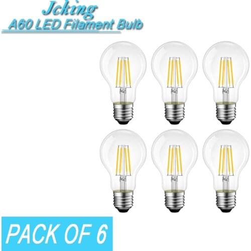 Pack of 6 JCKing A60 Dimmable 2W/4W/6W/8W E26/E27 Base LED Filament Bulbs Clear Glass LED Vintage Edison Bulbs