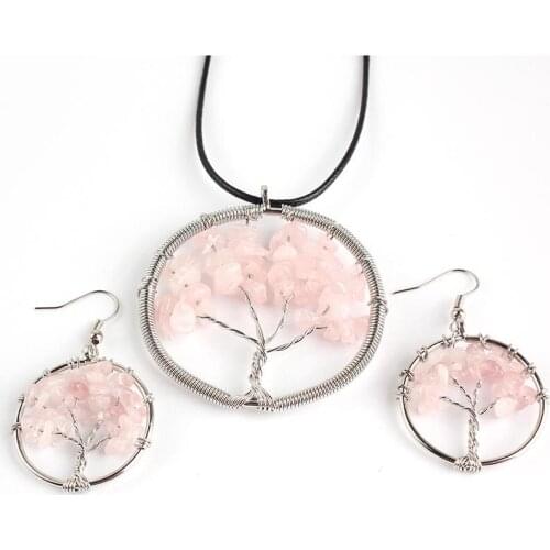YJXP Silver Plated Wire Wrap Tree of Life Pendant Necklace Natural Rose Pink Quartz Earrings for Party Women Charms Jewelry Sets
