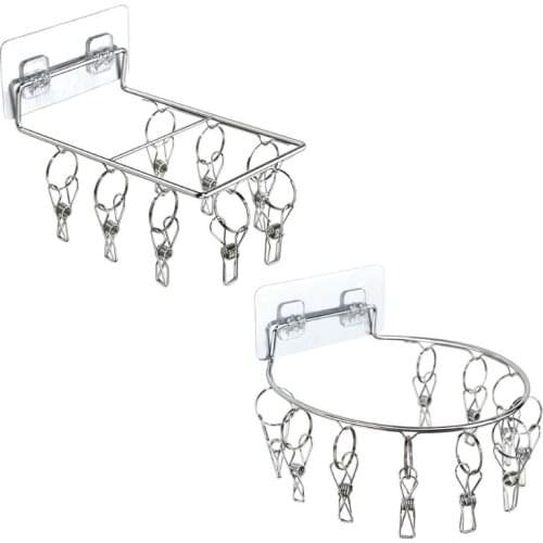 Wall Mount Stainless Steel Clothes Pin Hanger Storage Organizer Laundry Drying Rack with 8/10 Clips for Hat Sock Underwear Glove