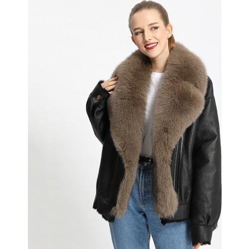 New Womens Genuine Sheepskin Jacket Fashion Real Fox Fur Collar Warm Fur Lining Leather Coat