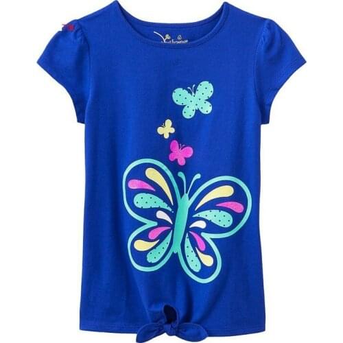 Blue Butterfly Girls Clothes T-Shirts Jumpers Children Blouses kids Tees Shirts Top Quality girls clothing 100% C
