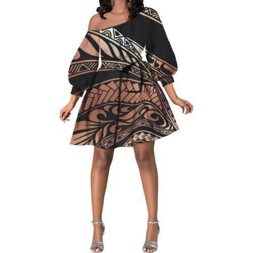 Hycool Wholesale Alohawaii Tribal Design Sexy Oblique Shoulder Brown Dress Women Lady Summer Elegant Cocktail Dress With Belted