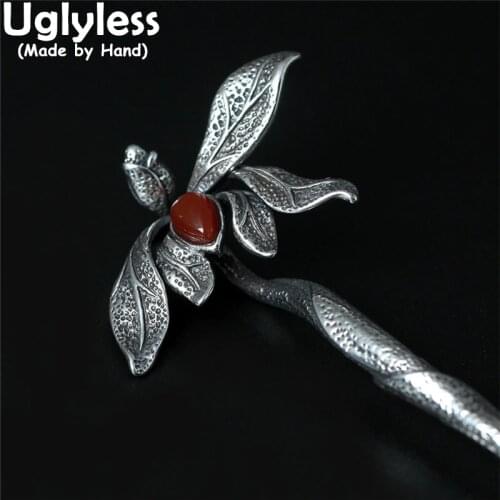 Uglyless Thai Silver Ethnic Leaves Hair Sticks for Women 925 Silver Hair Jewelry Oriental Beauty Natural Agate Hair Accessories
