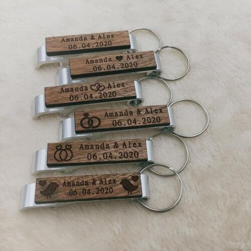 Personalized Wedding Keyrings Souvenir Favor Bottle Openers Keychain Engraved Rustic Wooden Invite Favors - Wedding shop