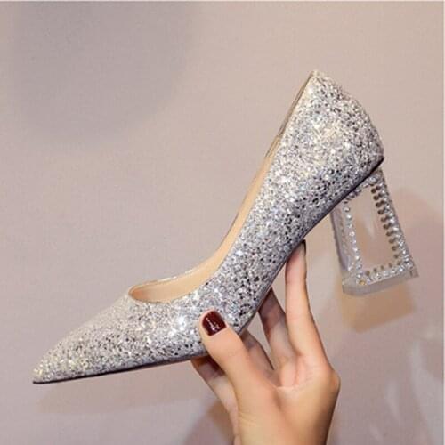 Sexy Women Bling sequins Crystal Decor Lucency Chunky heels Wedding Pumps Silver Glitter Ladies Bridal Single Dress shoes