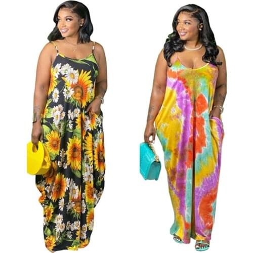 Print Dress Plus Size 3xl Women Summer Wholesale Sexy Tank Loose Stretch Pockets Elegant Maxi Dresses Polyester Dropshipping
