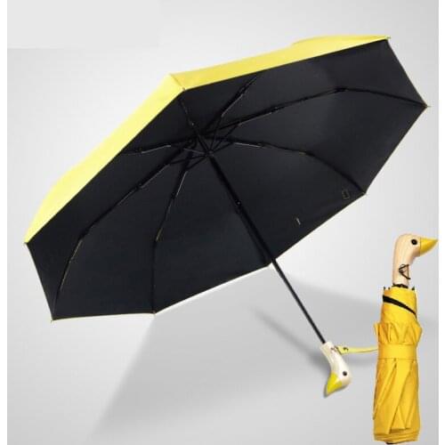 Semi-Automatic Sun Umbrella Cute Duck Head Wood Handle 8k 2 Folding Windproof Black Coating UV Protection Women Rain Umbrellas