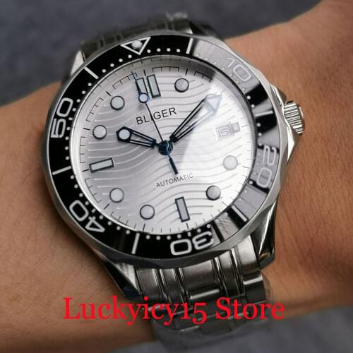 Dress BLIGER 41mm Automatic Men Watch NH35A Movement Glass Back Rotating Bezel Blue Hand Luminous Marks Steel Band
