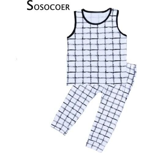SOSOCOER Boy Girl Clothing Sets 2017 New Summer Plaid Sleeveless T-shirt+Pants 2pcs Kids Clothing Set Grid Pattern Baby Clothes
