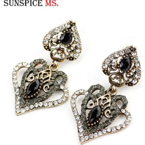 Sunspicems Turkish Vintage Crystal Heart Drop Earring Full Rhinestone Set With Red Green Black Blue Stone Ethnic Banquet Jewelry