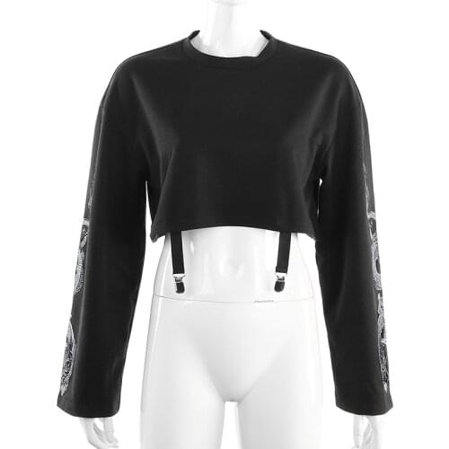 NEWDISCVRY Streetwear Dragon Print Autumn Sweatshirts Long Sleeve Pullover Black Crop Top Hoodie Fashion Womens Sweatshirt