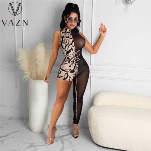 VAZN 2021 Hot Sale Sexy V-neck Sleeveless Office Lady Women Patchwork Banquet Party Beach Jumpsuits Full Pant Bandage Rompers