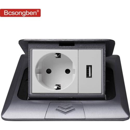 Bcsongben All Aluminum Silver Panel Pop Up Floor Socket 16A Russia Spain EU Standard Power Outlet With USB Charging Port 5V 1A