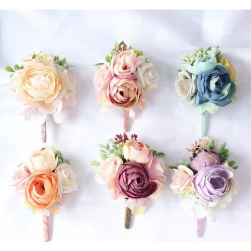YO CHO Bridesmaid Decor Mini Rose Flowers Head Wrist Flowers and Boutonnieres Set Bride Decorations Wedding Bouquet Peony Brooch