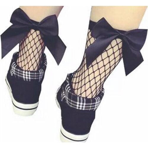 Womens girls Casual Stretch Sheer Fishnet Net Socks Mesh Ankle High Bowknot Comfort