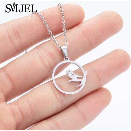 Minimalist Style Hollow Branch Bird Necklace for Women Round Charm Magpie Animal Statement Necklace Long Chain bijoux femme 2020