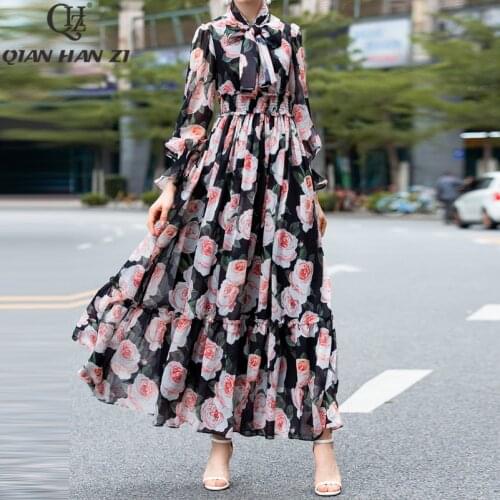 Qian Han Zi Designer fashion Runway maxi dress Womens long sleeved bow vintage flower print Ruffled chiffon beach long dress