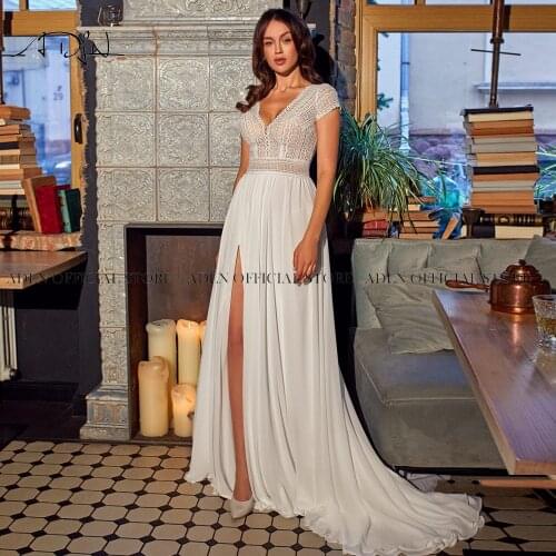 ADLN Deep V-neck Bohemian Lace Wedding Dresses Short Sleeves Chiffon Beach Bride Dress Custom Made Open Back Bridal Gown