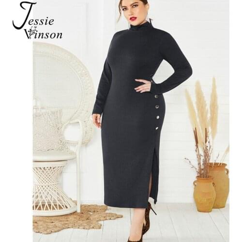 Jessie Vinson Long Sleeve Turtleneck Side Split Knitted Dress Women Plus Size Bodycon Dress Autumn Winter Sexy Black Midi Dress