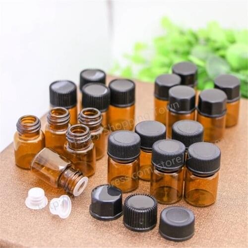 100pcs Small Amber Essential Oil Bottle With Plastic Lid,1ml Glass Bottle, Mini Brown Glass Vials,Mini Glass Container