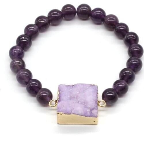 100-Unique 1 Pcs Light Yellow Gold Color Irregular Shape Square Crystal Dyed Purple Connect 8 mm Amethysts Round Beads Bracelet