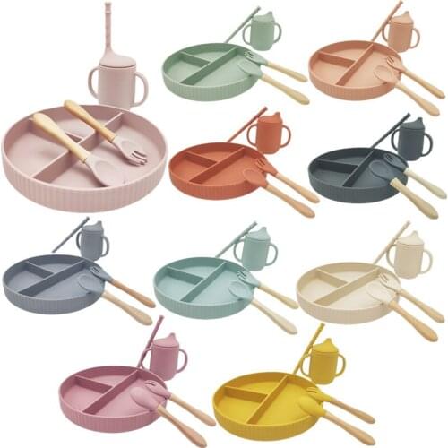 5 Pcs Baby Silicone Plate Spoon Cup Set Dinner Plate Bowl Spoon Fork Double Handle Straw Cups Baby Learning Feeding Tableware