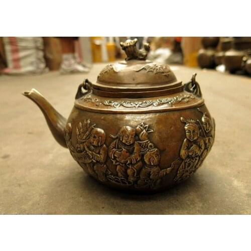 6" China brass copper Foo Dog Many children playing teapot Sculpture Statue