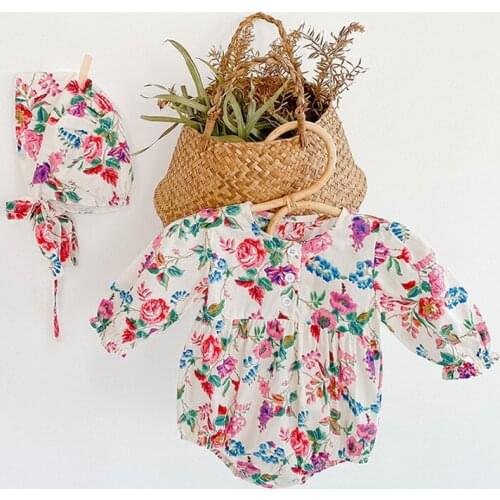Retro long sleeve romper newborn baby girls jumpsuit cotton infant kids bodysuit for girls overalls children costumes floral set