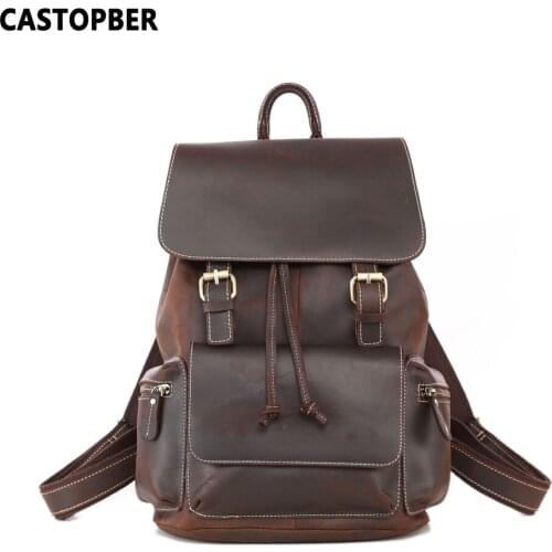 Best Designer Men Crazy Horse Cowhide Genuine Leather Vintage Backpacks With Drawstring Closure Side Zipper Pocket High Capacity