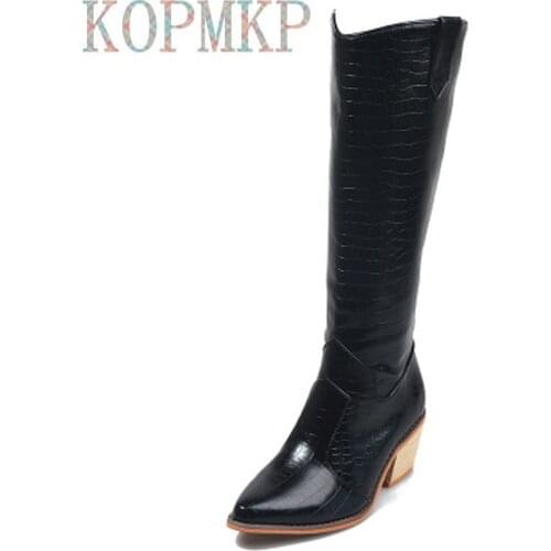 2020 European and American Fashion Plus-size Womens Leather Boots Mid-heel Thick Heel Pointed Toe Middle Womens Straight Boot